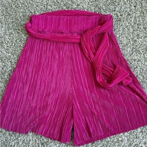 High-Waist Pleated Shorts in Bright Fuchsia with Self-Tie Belt